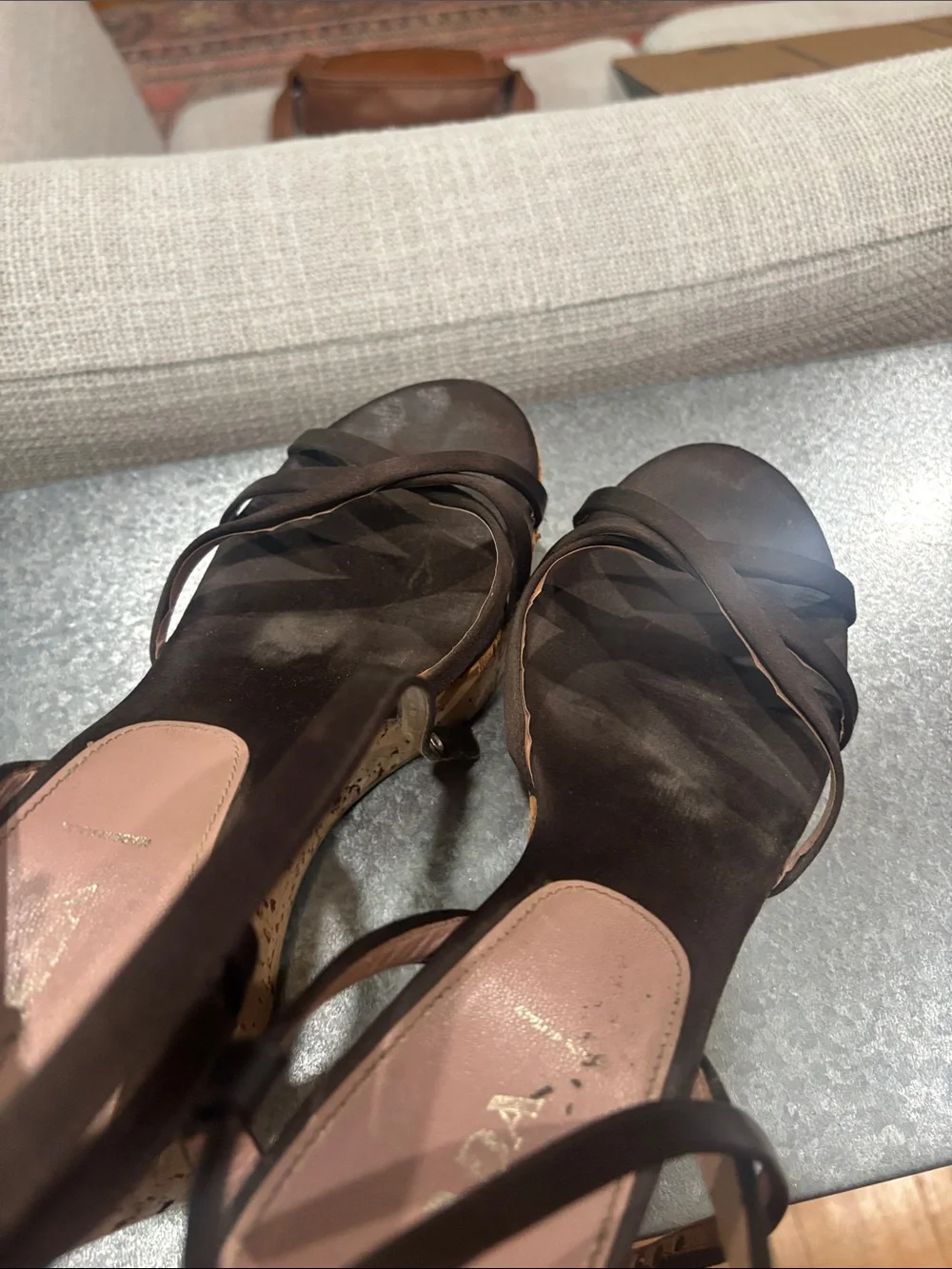 Womens Prada Brown Cork Wedge Sandals - Platform Strappy Heels